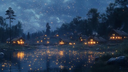 Fantasy depiction of Clovis settlement twilight a blending of imagination and history homes glowing warmly from inside fireflies illuminating the scene a peaceful harmony with the natural world