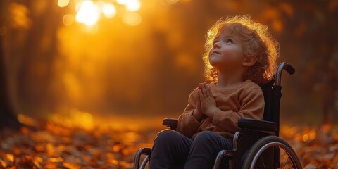 Inspiring Asian Boy Child in Wheelchair Praying Joyfully in Golden Hour Light
