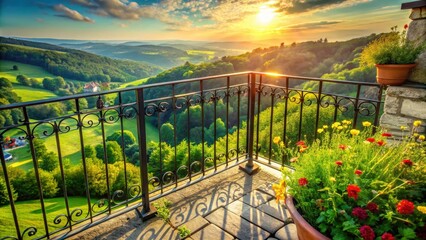 Fototapeta premium An Iron Railing Offers A Breathtaking View Of A Rolling Landscape As The Sun Sets Over The Horizon