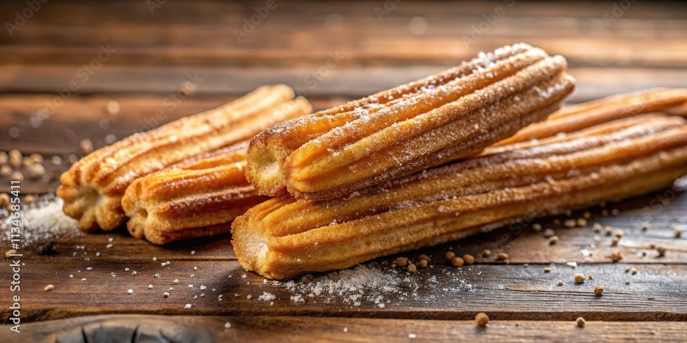 Poster golden-brown churros dusted with powdered sugar and scattered on a rustic wooden surface