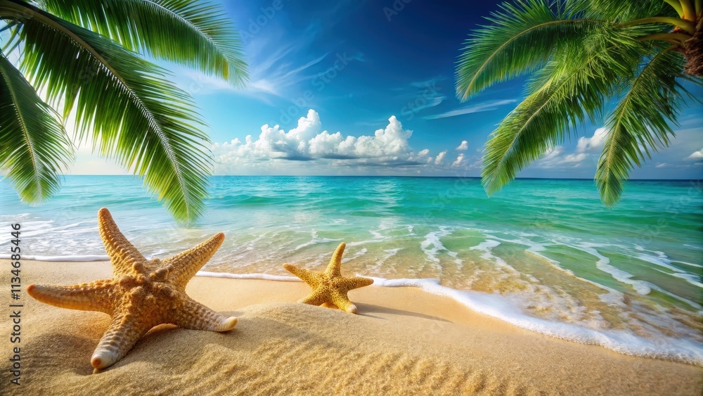 Poster two starfish resting on a pristine beach with gentle waves lapping at the shore, surrounded by swayi