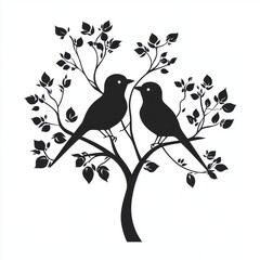 Loving birds perched on tree, surrounded by leaves, symbolizing connection