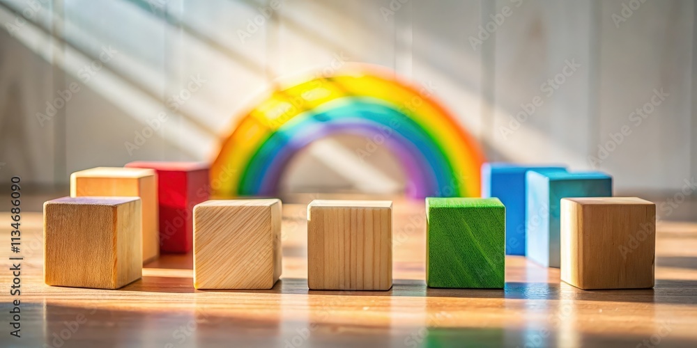 Poster a row of colorful wooden blocks with a rainbow in the background, showcasing the beauty of simple to