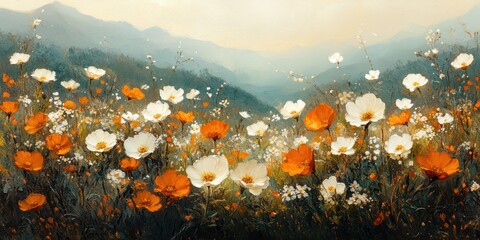 Aerial view of lush green meadow with vibrant flowers in sunny landscape