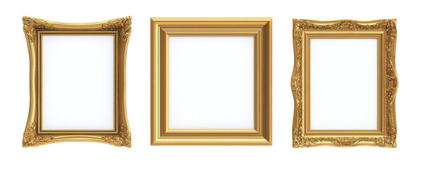 Three Gold Frames Isolated on PNG Transparent Background