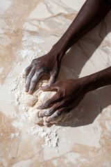 Fototapeta premium Dark skinned men's hands knead the dough