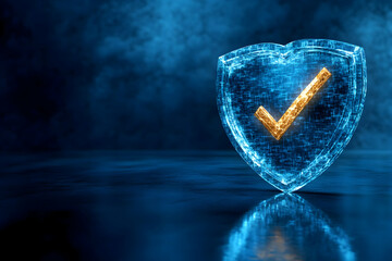 Blue digital shield with gold checkmark.