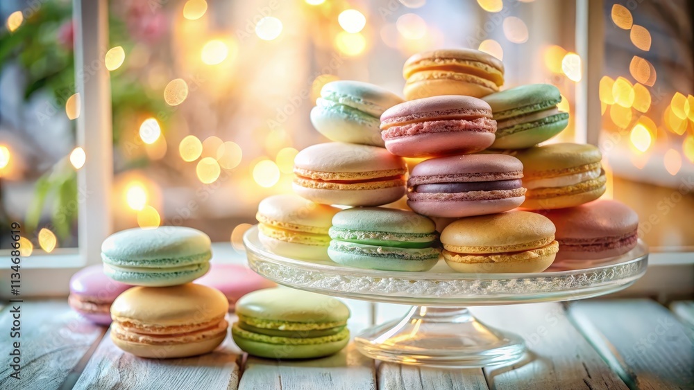 Poster A delicate display of colorful macarons arranged on a glass cake stand, illuminated by warm bokeh lights.