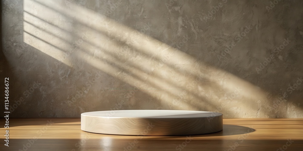 Poster a minimalist wooden podium with a soft white top, positioned on a light wood floor with a rustic bac