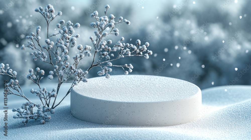 Poster a serene winter scene featuring a smooth circular platform and frosted branches in soft snow.