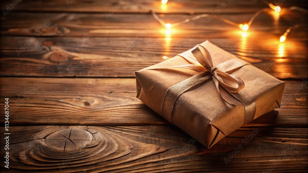 Poster a simple gift wrapped in brown paper with a golden ribbon on a rustic wooden table with warm lights