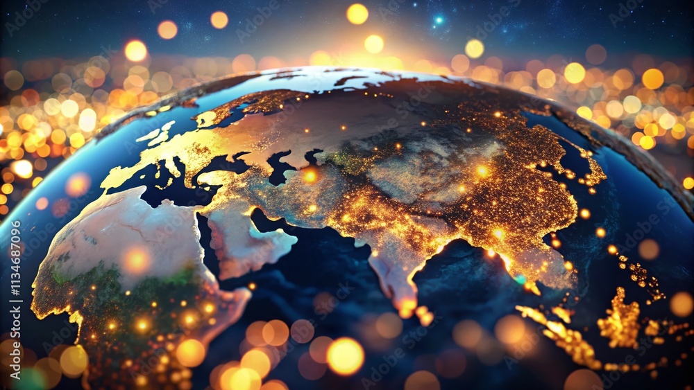 Poster a stunning digital visualization of earth with illuminated continents and a bokeh effect, capturing 