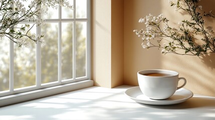 A serene scene featuring a cup of coffee by a window with delicate flowers.