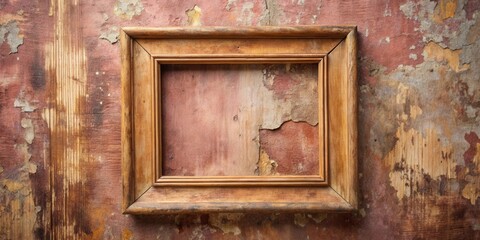 A weathered wood frame, with a simple design, sits against a peeling wooden surface, evoking a sense of time and history.