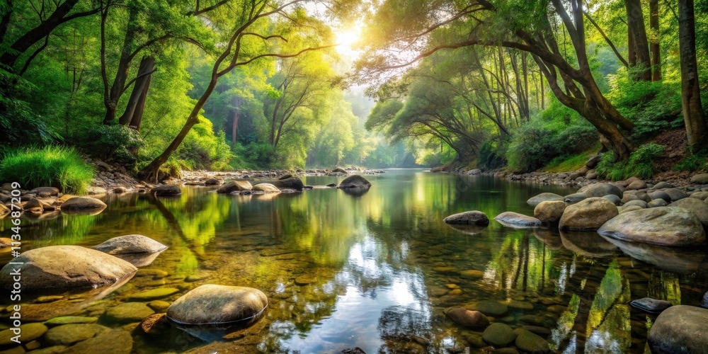 Poster a serene river flows through a lush forest, sunlight filtering through the canopy and casting dapple