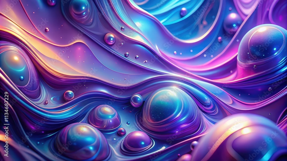 Poster a vibrant abstract of iridescent liquid with swirling patterns and embedded orbs in hues of purple, 
