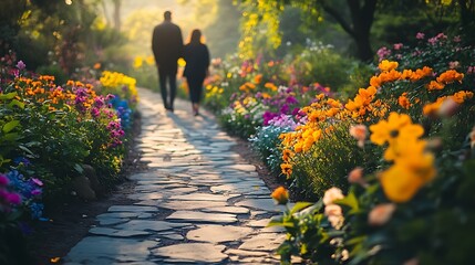 Obraz premium Couple Walking Down A Colorful Garden Path