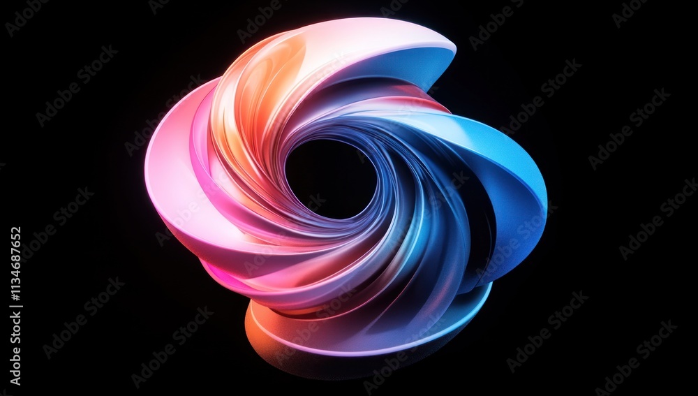 Poster swirling abstract colorful shape with a dark background.