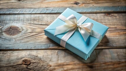 A blue gift box with a white satin ribbon bow rests on weathered wooden planks, suggesting a heartfelt gesture of love and care.