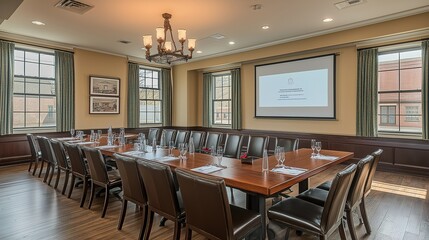 Corporate boardroom filled with serious executives discussing strategic plans. Focus on teamwork, decision-making, and corporate growth.