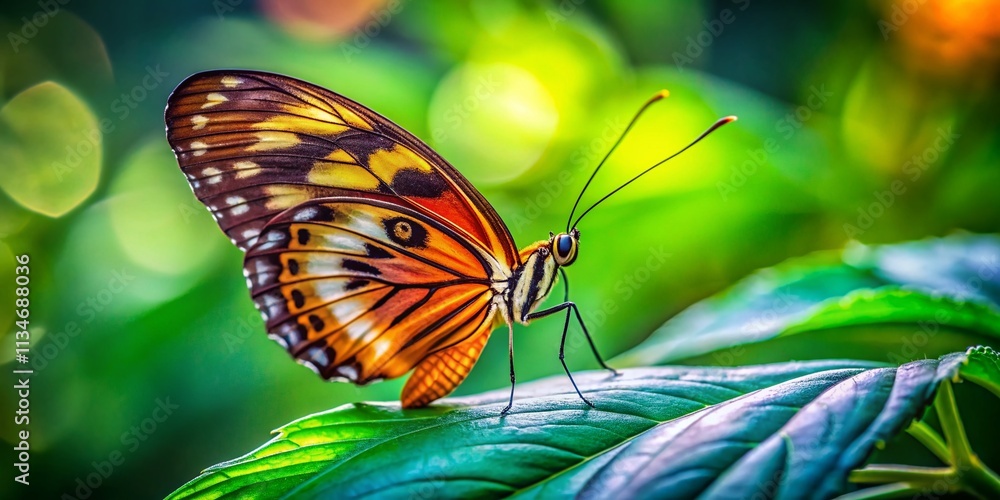 Poster a stunning macro photography capture of a butterfly resting gracefully on a green leaf, showcasing i