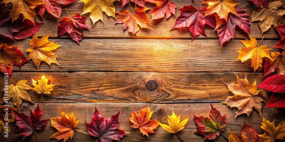 Poster Vibrant Autumn Leaves Frame a Rustic Wooden Background with Warm Light Filtering Through