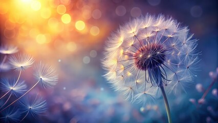 A delicate dandelion seed head with delicate white seeds, bathed in warm golden light, against a soft blurred background of nature