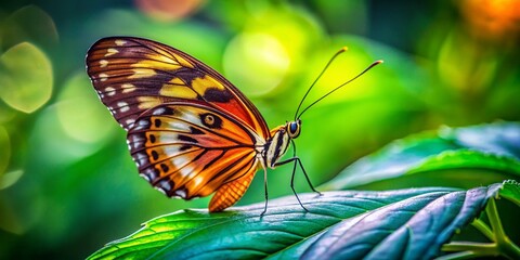 Obraz premium A Stunning Macro Photography Capture of a Butterfly Resting Gracefully on a Green Leaf, Showcasing Its Vibrant Colors and Intricate Wing Patterns in a Natural Setting