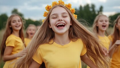 Fototapeta premium Capture the vibrant energy of teens performing a group dance in a scenic meadow This joyous scene showcases youthful exuberance and fun Watch as these young dancers move with grace and laughter