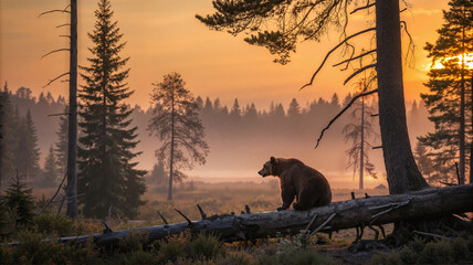 Brown bear walking through a misty clearing