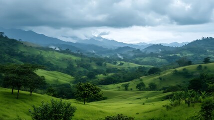 Fototapeta premium Verdant Rolling Hills Under a Cloudy Sky