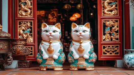 Fototapeta premium Two ornate beckoning cat statues sit before a door