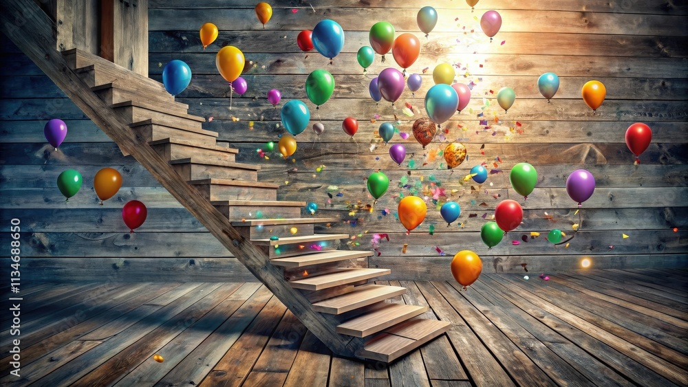 Poster a rustic wooden staircase with a wooden floor and a celebratory atmosphere with many colorful balloo
