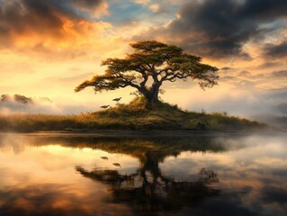 Fototapeta premium Discover the beauty of nature's art with a photographer capturing rare birdlife in wetlands, a meditative wildlife artistry Witness breathtaking wildlife photography at dawn observe majestic herons