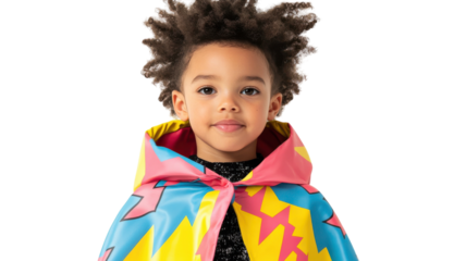 Child Wearing a Superhero Cape with Lightning Design Representing Imagination and Playfulness for Children's Parties or Events.
