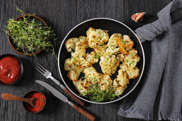 fried cauliflower florets on a skillet, top view
