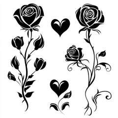 Elegant black roses intertwined with hearts create romantic design