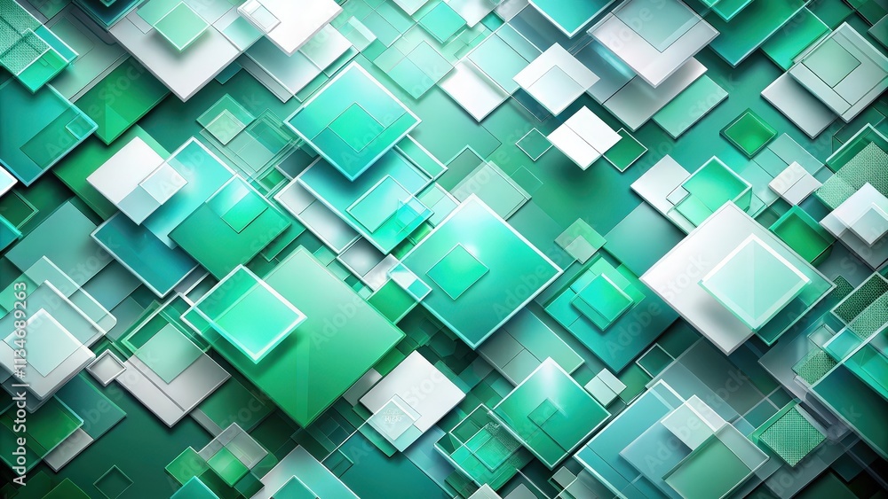 Poster abstract geometric pattern of overlapping squares in shades of green and white