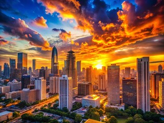 Fototapeta premium A Stunning Urban Sunset Over a Bustling City Skyline with Silhouetted Skyscrapers and a Vibrant Sky Perfect for Capturing the Essence of City Life and Architecture