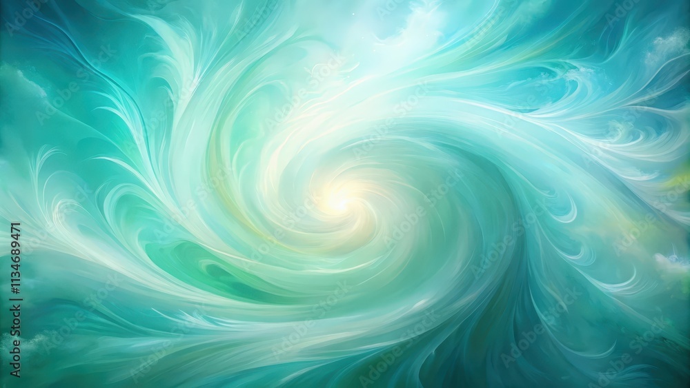 Poster Abstract swirling turquoise and white ethereal vortex, a dynamic visual journey into a serene realm of light and shadow