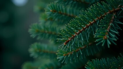 Obraz premium Close-up image of the needles of evergreen trees in a dark natural setting. Christmas tree.