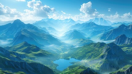 A serene mountain landscape with lush greenery and a tranquil lake under a blue sky.