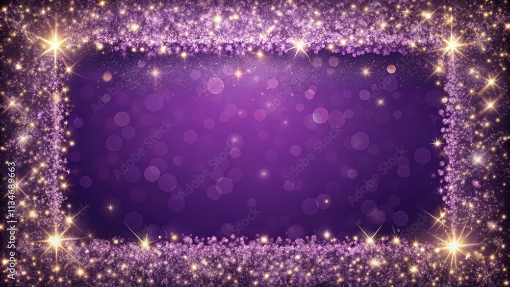 Poster a purple background with a sparkling border of light, stars, and bokeh