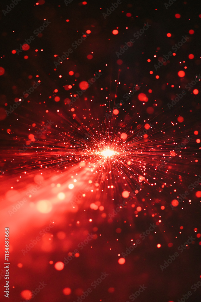 Poster vibrant red particle explosion showcasing dynamic energy in a dark background