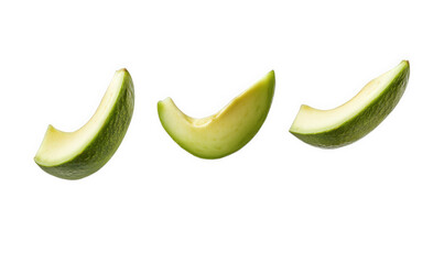 Three Slices Of Avocado Floating In Black Background, on transparent background , png