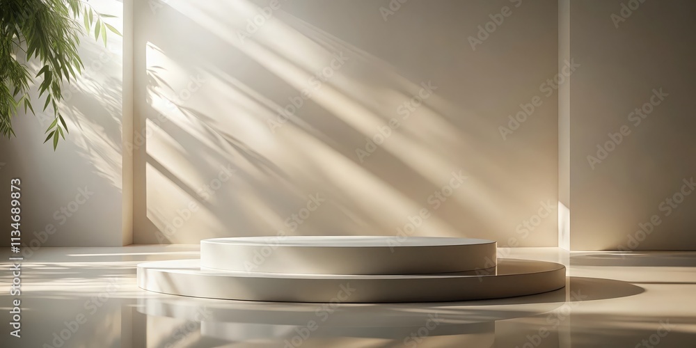 Poster Minimalist product display with a two-tiered round podium bathed in soft sunlight illuminating a blank canvas for showcasing brands and products