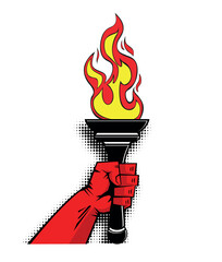 Red hand with flaming torch. Victory, sport and honor concept template in comic style. Vector on transparent background