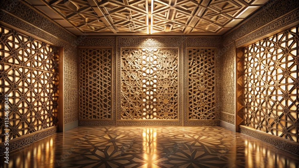 Aufkleber a golden room with intricate geometric latticework panels and a warm glow emanating from the ceiling