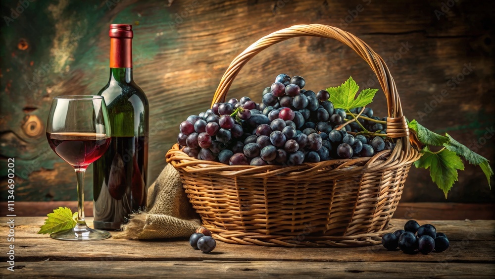 Poster a glass of red wine and a basket of ripe grapes rest on a rustic wooden table