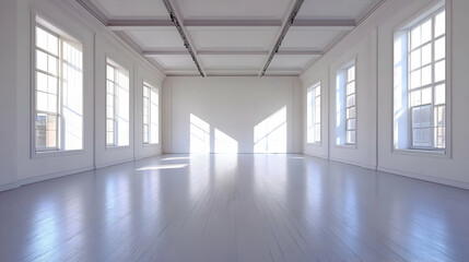 Bright, empty room with large windows and white walls and floor.